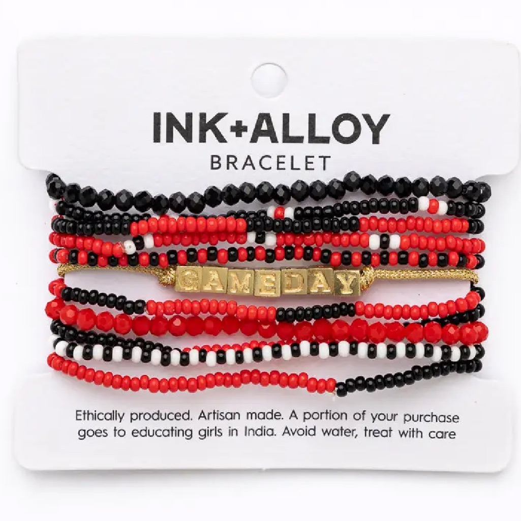 New W Tags. 11 Seed Bracelet Stack Red Black White. Team Spirit. Hand Beaded